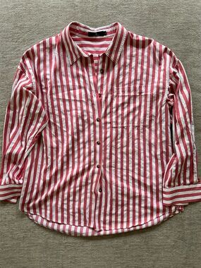 Oversized Red & White Striped Button-Up Shirt